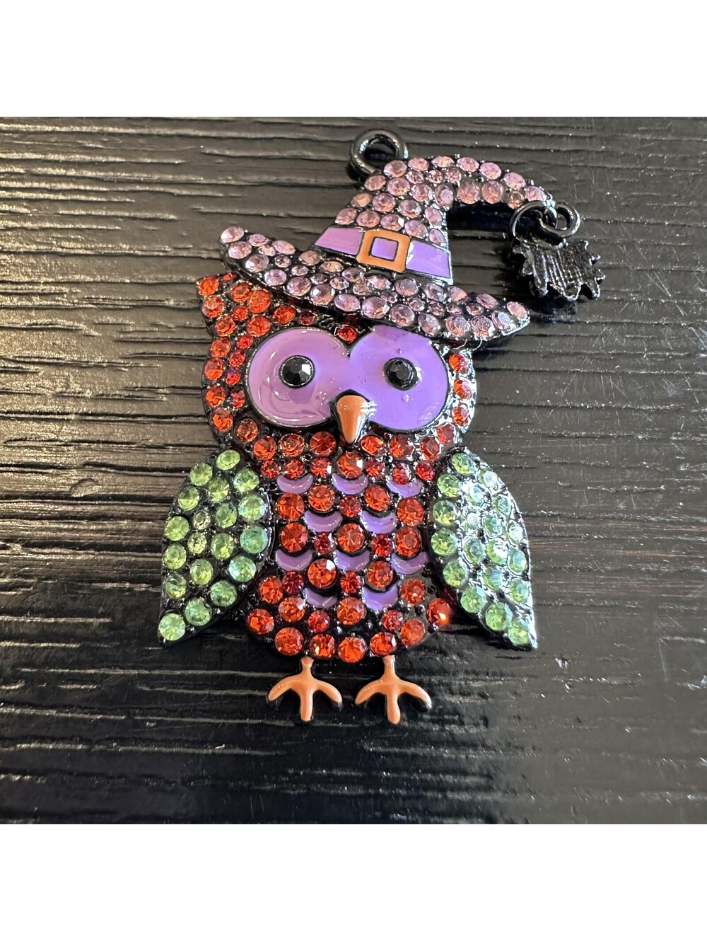 Halloween Rhinestone Owl Black Tone Witch Hat Spider Dangle Pendant Purple New